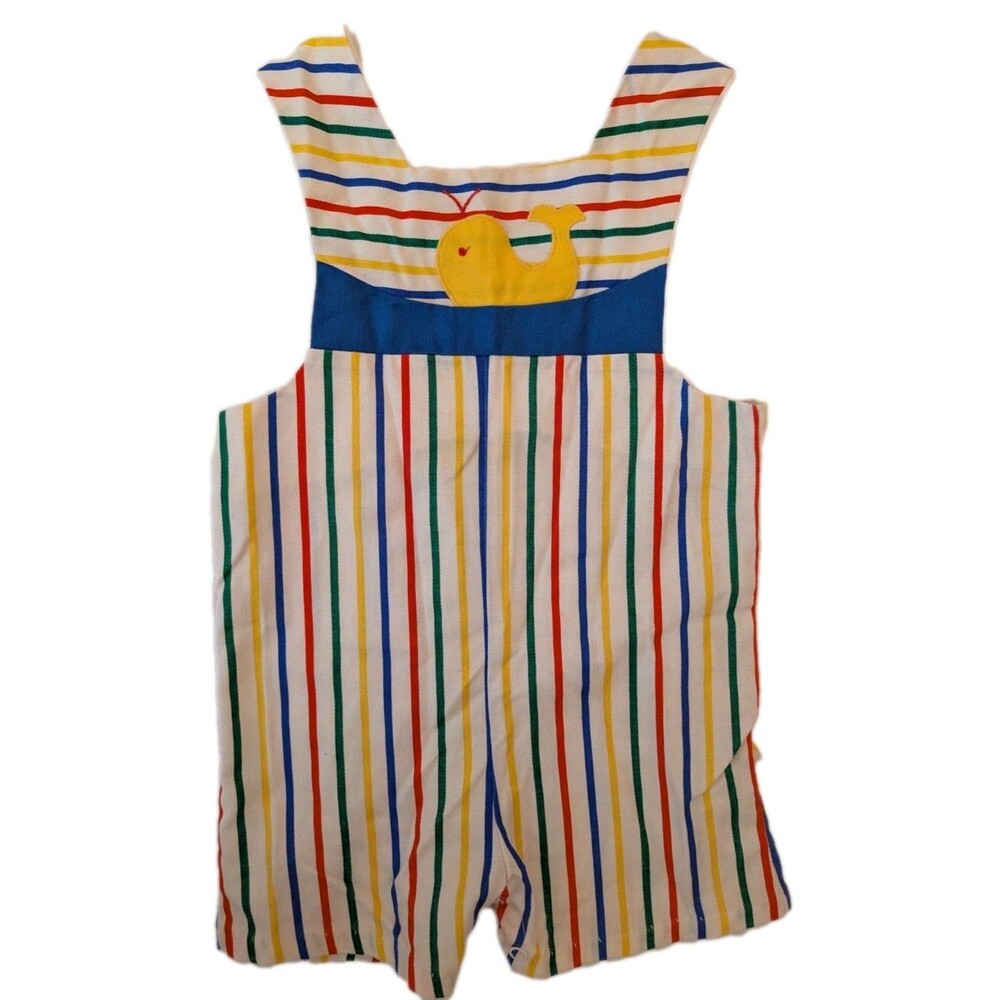 Vintage Little Bitty Striped Overalls Yellow Whale Applique Size 24 Months EUC
